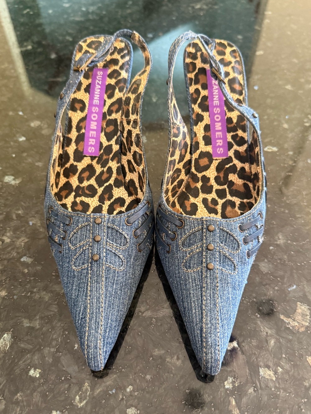NIB Suzanne Somers Strappy Slingback Denim Leopard Heels Sandals Size 6.5